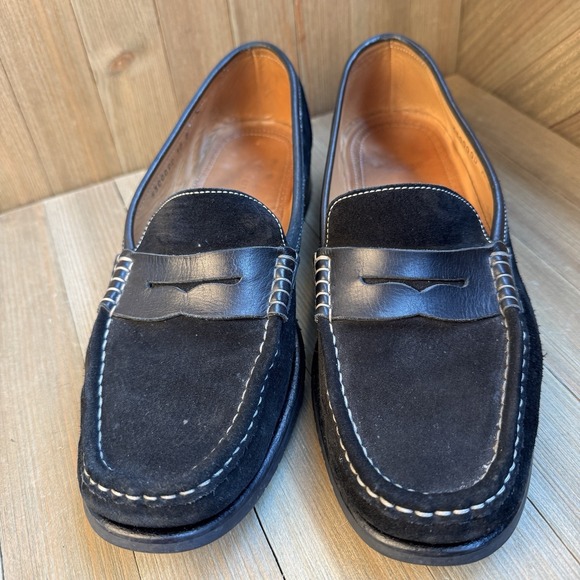 Martin Dingman Other - Martin Dingman Mens  Black Suede Penny Loafers Slip On White Top Stitch Size 10D